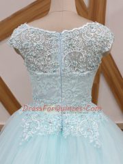 Light Blue Tulle Zipper Scoop Sleeveless Sweet 16 Dress Brush Train Beading and Lace