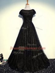 Custom Designed Black Zipper Homecoming Dress Beading and Lace and Belt Short Sleeves Floor Length