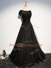 Custom Designed Black Zipper Homecoming Dress Beading and Lace and Belt Short Sleeves Floor Length