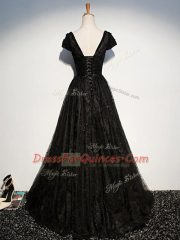 Custom Designed Black Zipper Homecoming Dress Beading and Lace and Belt Short Sleeves Floor Length