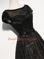 Custom Designed Black Zipper Homecoming Dress Beading and Lace and Belt Short Sleeves Floor Length