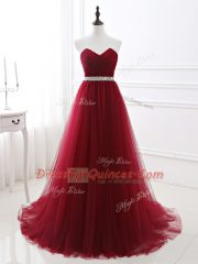 Free and Easy Wine Red A-line Beading Evening Dress Lace Up Tulle Sleeveless