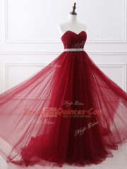 Free and Easy Wine Red A-line Beading Evening Dress Lace Up Tulle Sleeveless