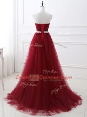 Free and Easy Wine Red A-line Beading Evening Dress Lace Up Tulle Sleeveless