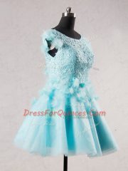 V-neck Short Sleeves Tulle Evening Dress Lace and Appliques and Hand Made Flower Backless