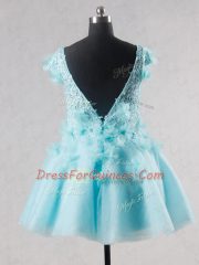V-neck Short Sleeves Tulle Evening Dress Lace and Appliques and Hand Made Flower Backless