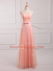 Latest Peach Sweetheart Lace Up Belt Dama Dress for Quinceanera Sleeveless