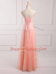 Latest Peach Sweetheart Lace Up Belt Dama Dress for Quinceanera Sleeveless