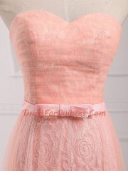 Latest Peach Sweetheart Lace Up Belt Dama Dress for Quinceanera Sleeveless