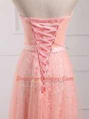 Latest Peach Sweetheart Lace Up Belt Dama Dress for Quinceanera Sleeveless