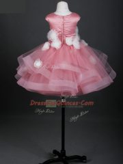 Fine Cap Sleeves Tulle Knee Length Zipper Flower Girl Dresses for Less in Pink with Ruffles and Hand Made Flower