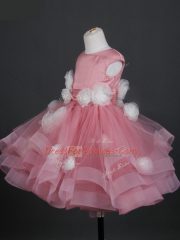 Fine Cap Sleeves Tulle Knee Length Zipper Flower Girl Dresses for Less in Pink with Ruffles and Hand Made Flower