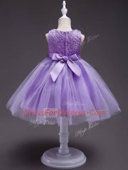High End Sleeveless Zipper Knee Length Lace and Belt Kids Formal Wear