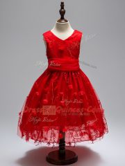 Tulle V-neck Sleeveless Zipper Appliques Flower Girl Dresses for Less in Wine Red