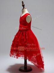 Tulle V-neck Sleeveless Zipper Appliques Flower Girl Dresses for Less in Wine Red