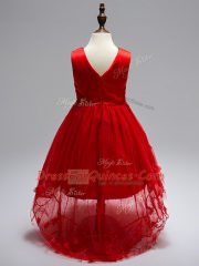 Tulle V-neck Sleeveless Zipper Appliques Flower Girl Dresses for Less in Wine Red
