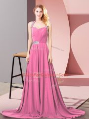 Sleeveless Chiffon Brush Train Zipper Prom Evening Gown in Pink with Beading and Ruching