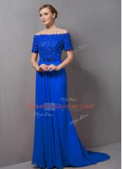 Beauteous Blue Prom Evening Gown Prom and Party with Lace Off The Shoulder Short Sleeves Sweep Train Zipper