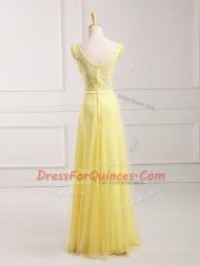 Flare Chiffon V-neck Sleeveless Zipper Lace and Appliques and Belt Homecoming Dress in Yellow