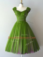 Cap Sleeves Chiffon Knee Length Zipper Quinceanera Court Dresses in Green with Ruching
