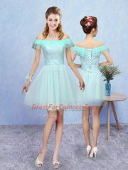 Aqua Blue Lace Up Court Dresses for Sweet 16 Appliques Cap Sleeves Mini Length