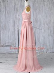 Scoop Sleeveless Court Dresses for Sweet 16 Sweep Train Appliques Pink Chiffon