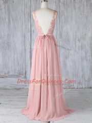 Scoop Sleeveless Court Dresses for Sweet 16 Sweep Train Appliques Pink Chiffon