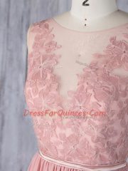 Scoop Sleeveless Court Dresses for Sweet 16 Sweep Train Appliques Pink Chiffon