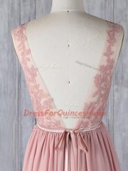 Scoop Sleeveless Court Dresses for Sweet 16 Sweep Train Appliques Pink Chiffon