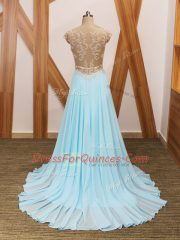 Designer Aqua Blue Prom Dress Chiffon Brush Train Short Sleeves Beading and Ruching