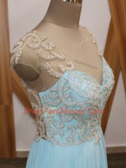 Designer Aqua Blue Prom Dress Chiffon Brush Train Short Sleeves Beading and Ruching