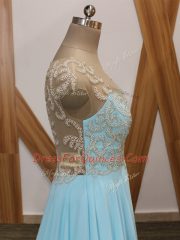 Designer Aqua Blue Prom Dress Chiffon Brush Train Short Sleeves Beading and Ruching
