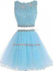 Admirable Mini Length Two Pieces Sleeveless Aqua Blue Prom Dresses Zipper