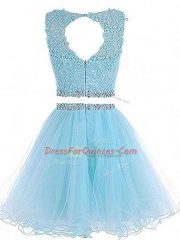 Admirable Mini Length Two Pieces Sleeveless Aqua Blue Prom Dresses Zipper