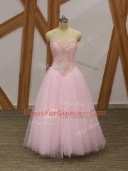 Luxurious Baby Pink A-line Sweetheart Sleeveless Tulle Floor Length Lace Up Beading Prom Gown