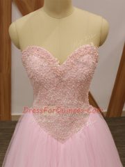 Luxurious Baby Pink A-line Sweetheart Sleeveless Tulle Floor Length Lace Up Beading Prom Gown