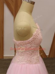 Luxurious Baby Pink A-line Sweetheart Sleeveless Tulle Floor Length Lace Up Beading Prom Gown