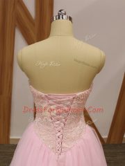 Luxurious Baby Pink A-line Sweetheart Sleeveless Tulle Floor Length Lace Up Beading Prom Gown