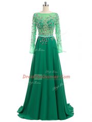Dynamic Green Evening Dress Prom and Party and Military Ball with Beading Bateau Long Sleeves Brush Train Backless