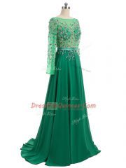 Dynamic Green Evening Dress Prom and Party and Military Ball with Beading Bateau Long Sleeves Brush Train Backless