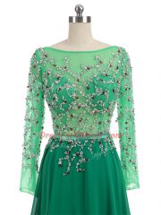 Dynamic Green Evening Dress Prom and Party and Military Ball with Beading Bateau Long Sleeves Brush Train Backless