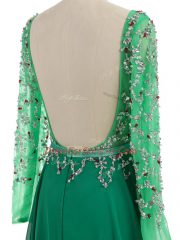 Dynamic Green Evening Dress Prom and Party and Military Ball with Beading Bateau Long Sleeves Brush Train Backless