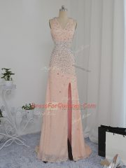 Attractive Floor Length Peach Prom Party Dress Chiffon Sleeveless Beading