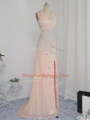 Attractive Floor Length Peach Prom Party Dress Chiffon Sleeveless Beading