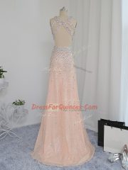 Attractive Floor Length Peach Prom Party Dress Chiffon Sleeveless Beading