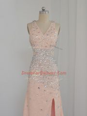 Attractive Floor Length Peach Prom Party Dress Chiffon Sleeveless Beading