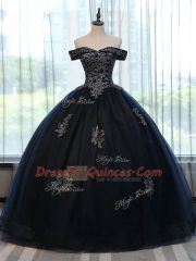Navy Blue Ball Gowns Off The Shoulder Sleeveless Tulle Floor Length Lace Up Appliques Sweet 16 Quinceanera Dress