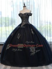 Navy Blue Ball Gowns Off The Shoulder Sleeveless Tulle Floor Length Lace Up Appliques Sweet 16 Quinceanera Dress