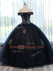 Navy Blue Ball Gowns Off The Shoulder Sleeveless Tulle Floor Length Lace Up Appliques Sweet 16 Quinceanera Dress