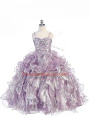 Spaghetti Straps Sleeveless Little Girls Pageant Dress Wholesale Floor Length Beading and Ruffles Lavender Organza